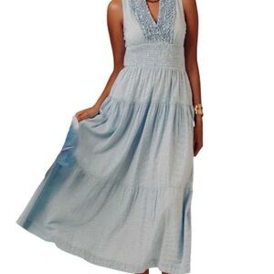 J Glee Embroidered Denim Boho Midi Dress | Light Blue | Size Small